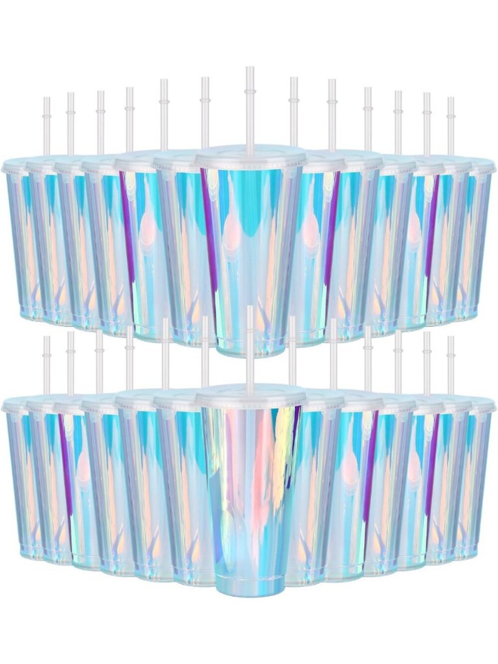 Iridescent Reusable Plastic Cups with Lids & Straws - 24oz, 24 Pack for Parties